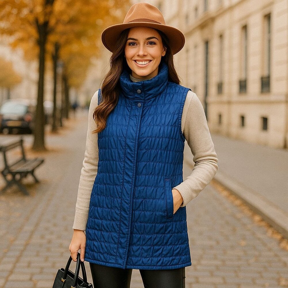 Mycra Pac One Women Reversible Quilted Vest Full Zip Mock Neck Long Cozy Jacket